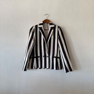 MOXEAY Black White Striped Blazer Jacket Women's Size Small Shoulder Pads